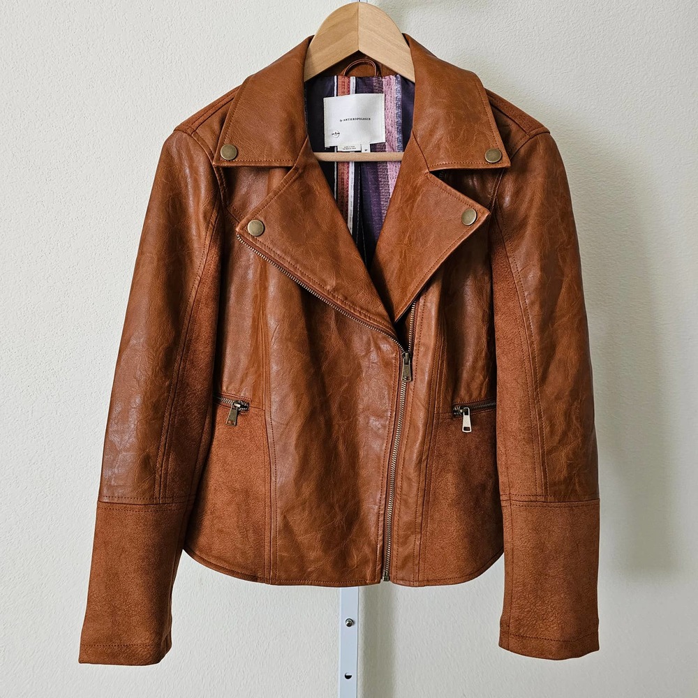 ANTHROPOLOGIE Women's Robyn Faux Leather Brown Moto Zippered Jacket sz S